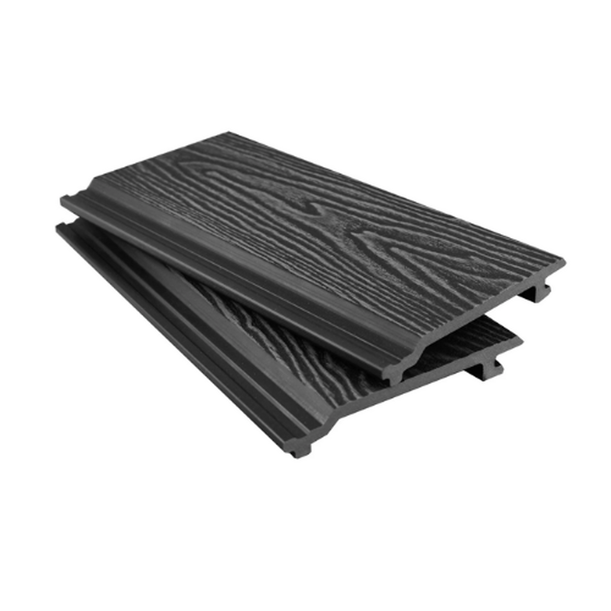 Black Signature woodgrain cladding boards showing the textured face and hollow profile