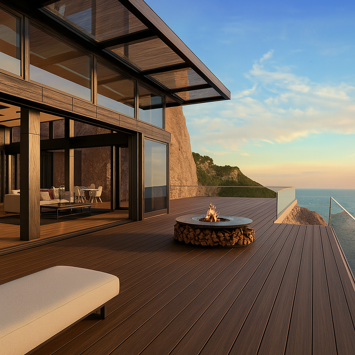 Illustration of brown composite decking beside a modern coastal home