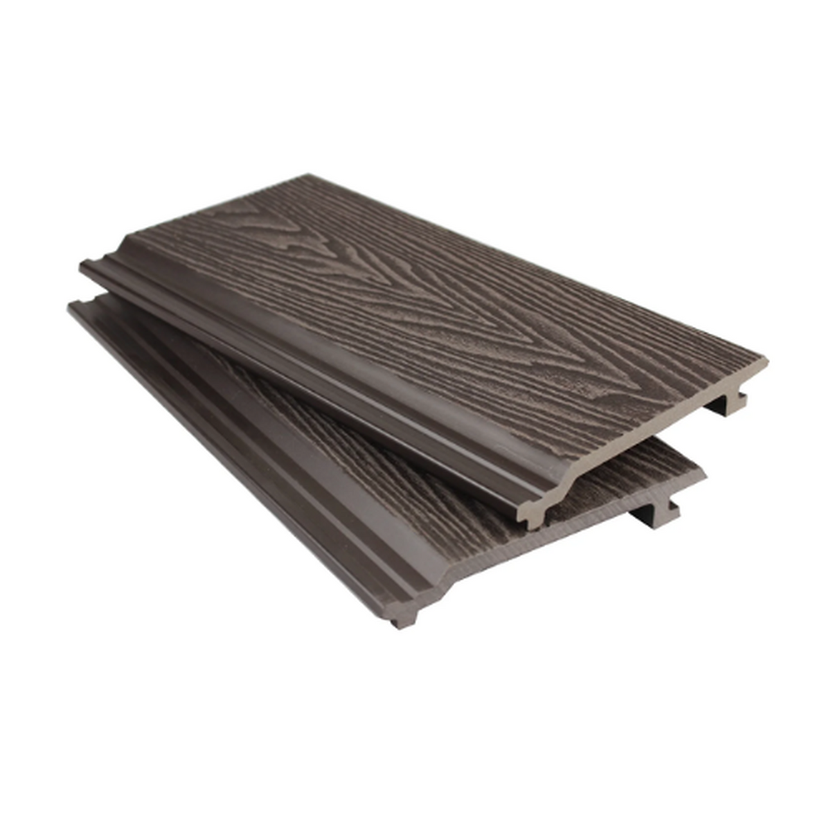 Brown Signature woodgrain cladding boards showing the textured face and hollow profile