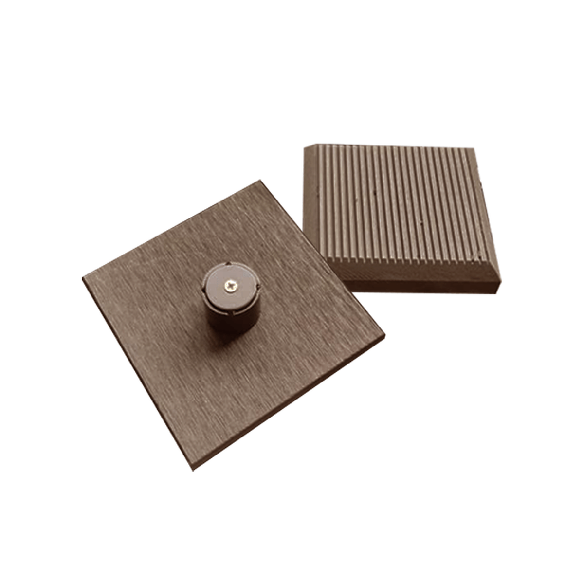 Brown composite fence-post caps showing the top and underside
