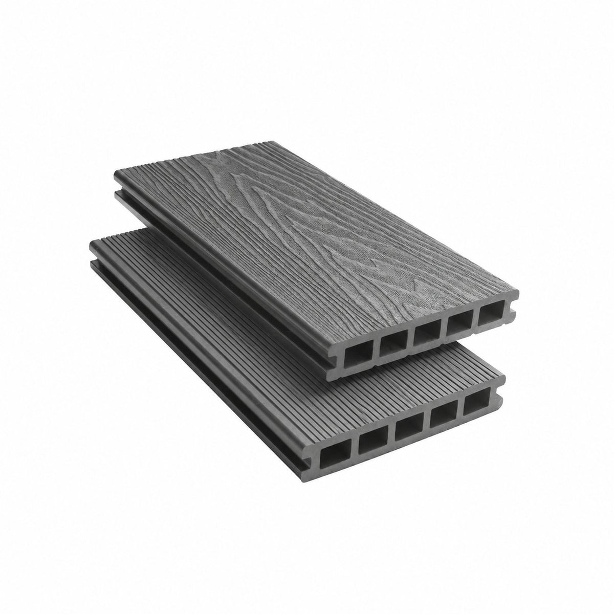 Anthracite Grey Signature composite decking — woodgrain face and fine-grooved reverse
