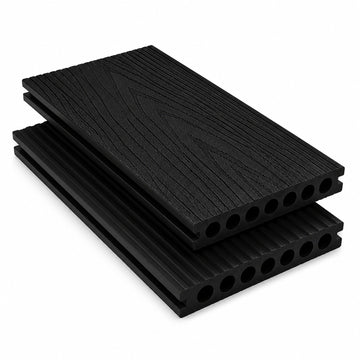 Charcoal Black Prestige capped decking boards showing the woodgrain face and hollow profile