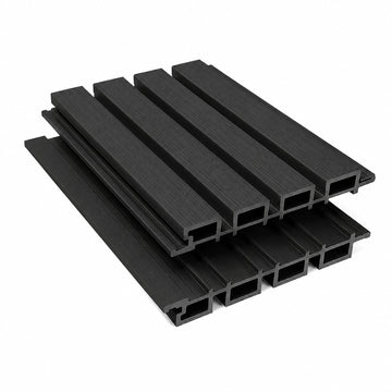 Charcoal Black slatted cladding boards showing the ribbed face and hollow profile