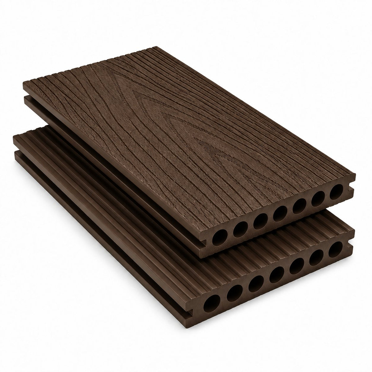 Walnut Prestige capped composite decking — woodgrain face and grooved reverse