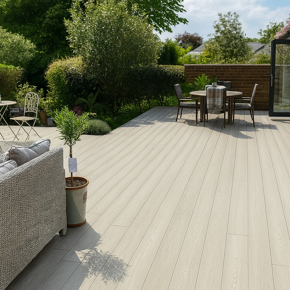 Illustration of light composite decking with a garden dining area
