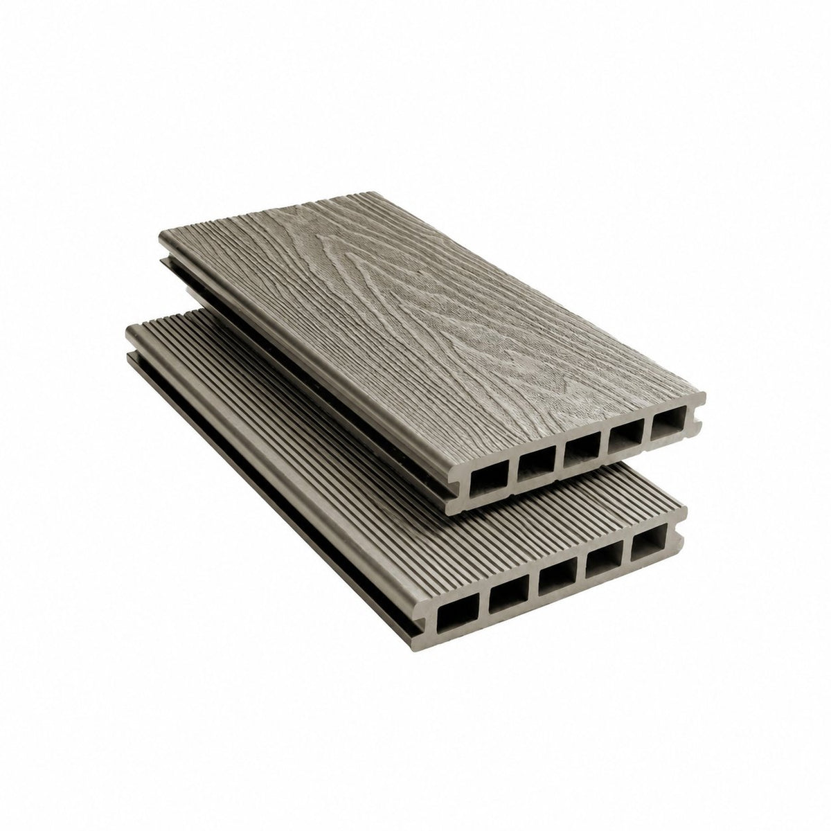 Oak Signature composite decking — woodgrain face and fine-grooved reverse