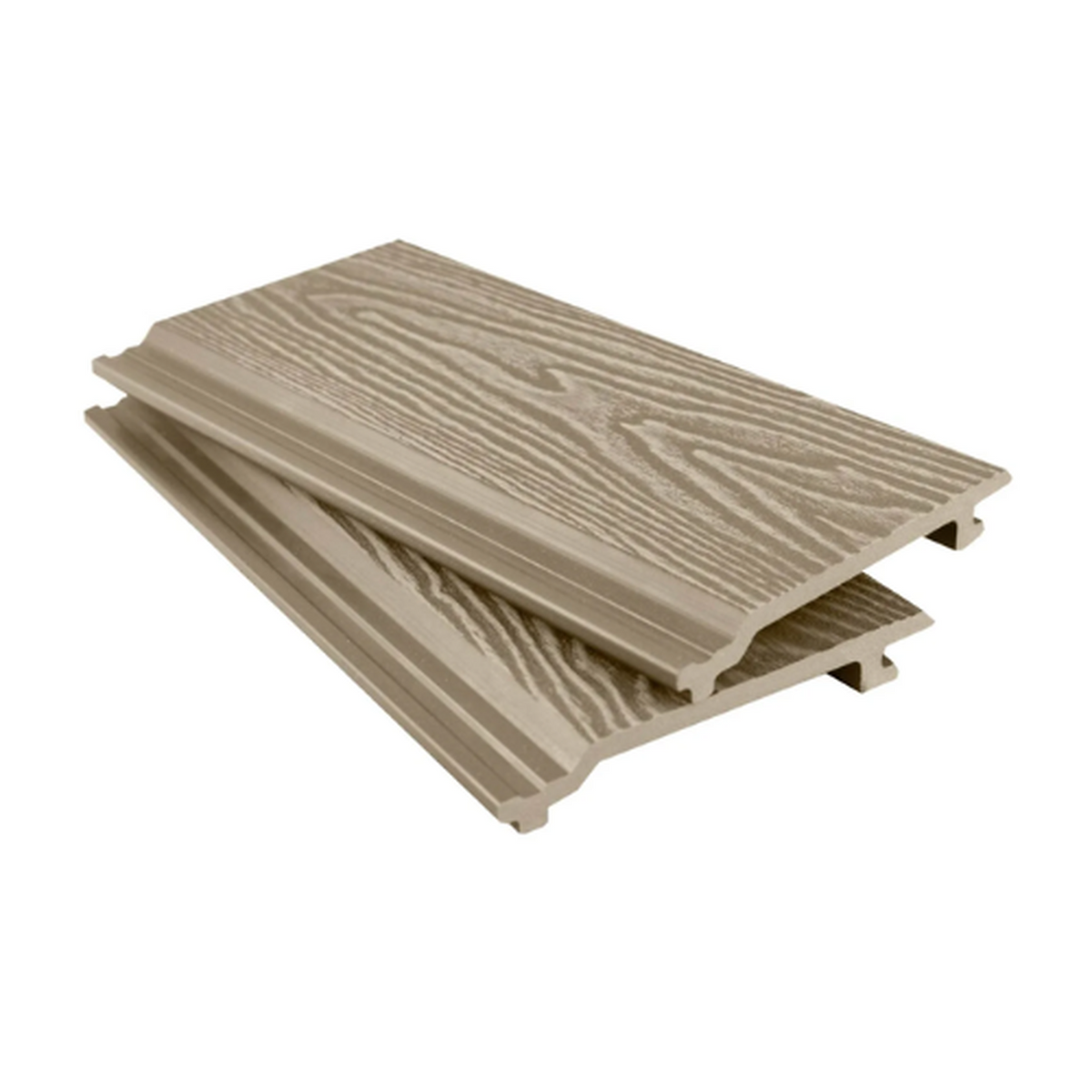 Light brown Signature woodgrain cladding boards showing the textured face and hollow profile