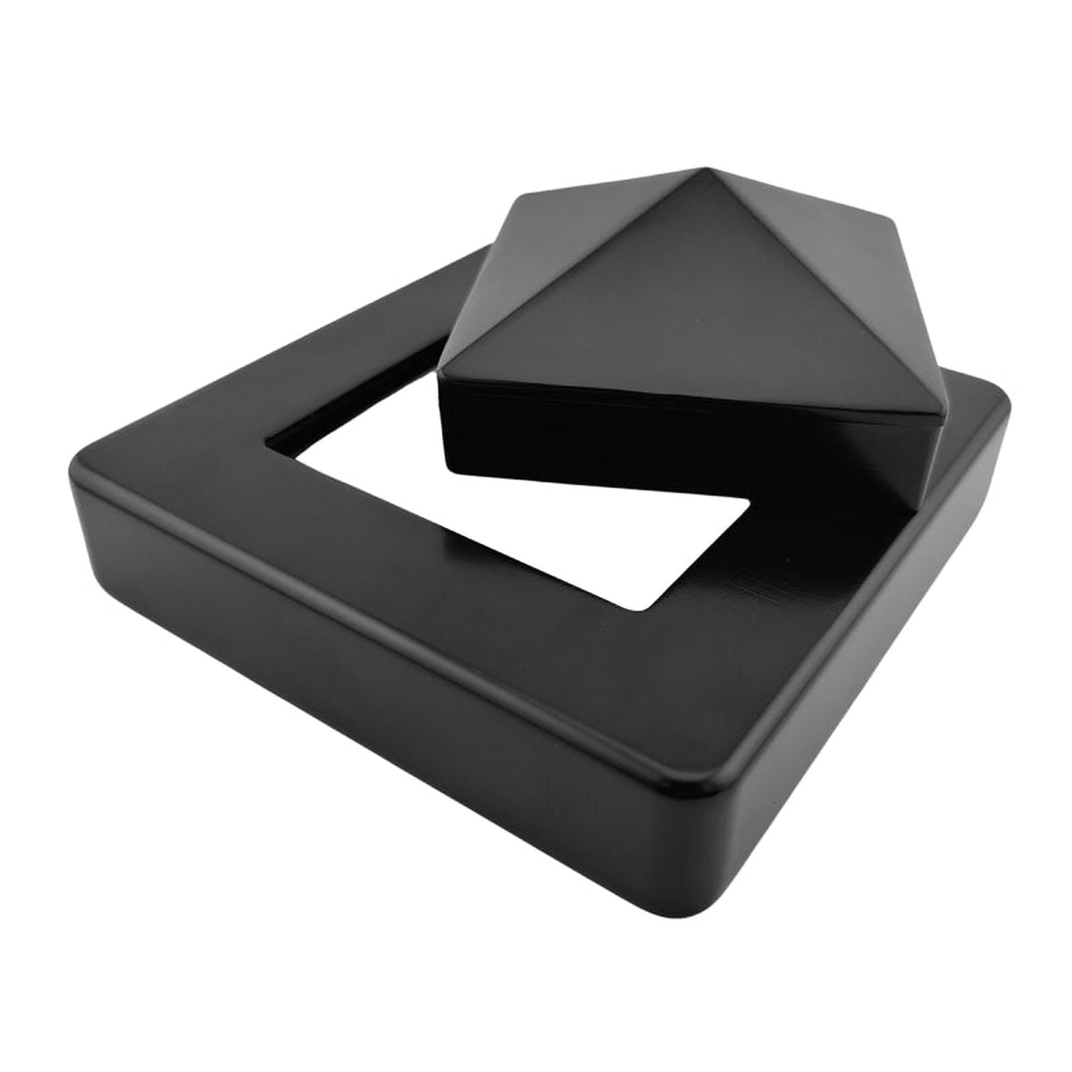 Black aluminium fence-post cap and square base skirt