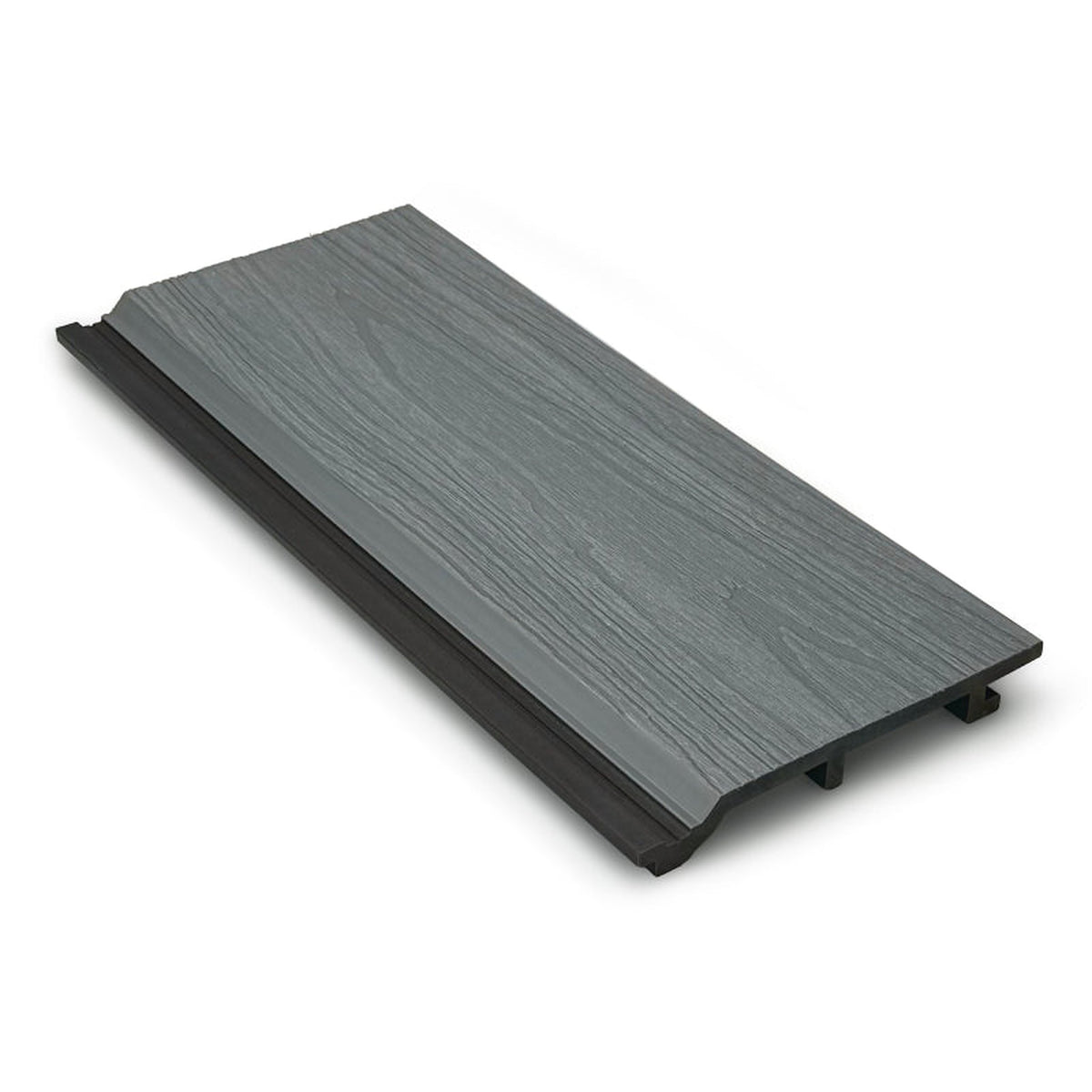 Grey Prestige capped woodgrain cladding board showing its interlocking edge