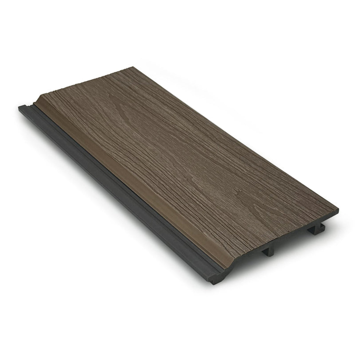 Walnut Prestige capped woodgrain cladding board showing its interlocking edge
