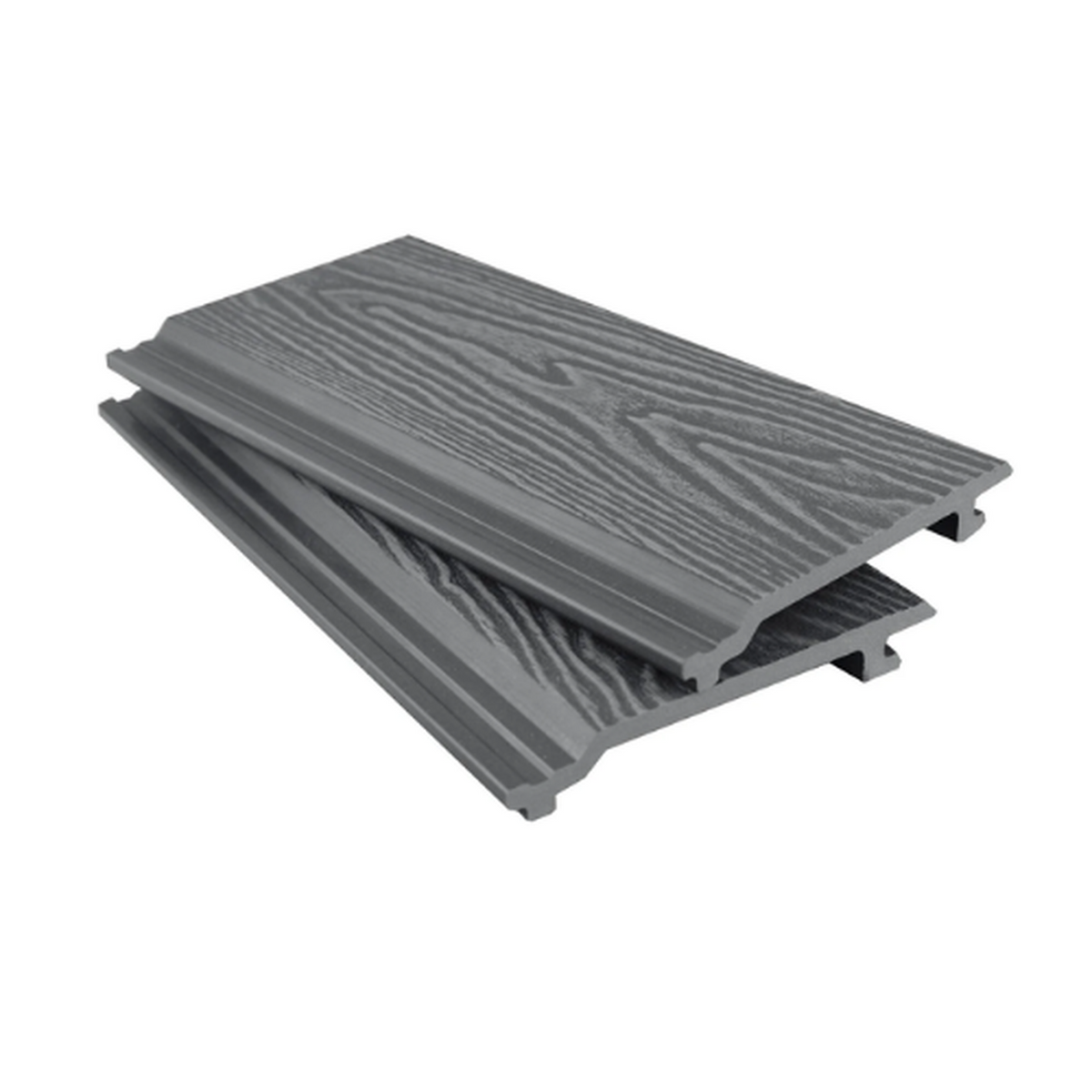 Grey Signature woodgrain cladding boards showing the textured face and hollow profile