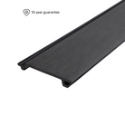 A piece of black composite cladding with a brushed texture, indicating it is a smooth, modern siding material.