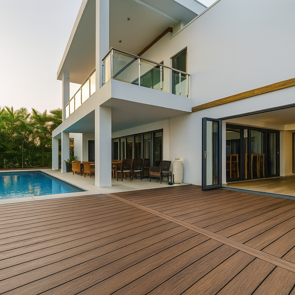 Modern house with a composite deck, pool, and outdoor furniture