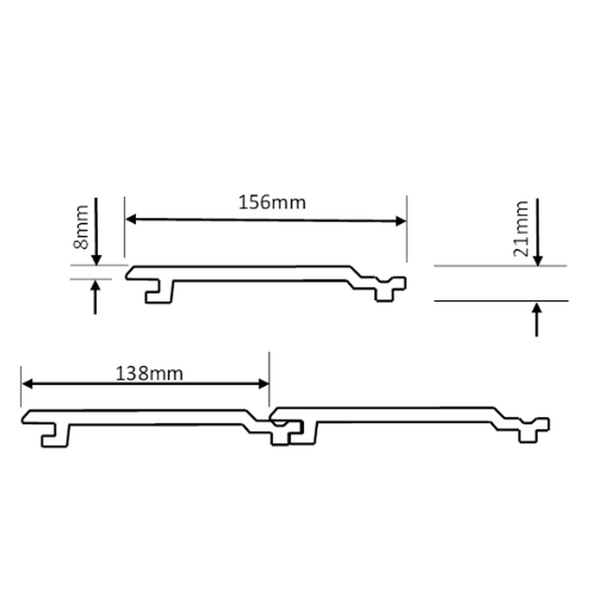Signature woodgrain cladding technical profile diagram showing overall and installed board widths