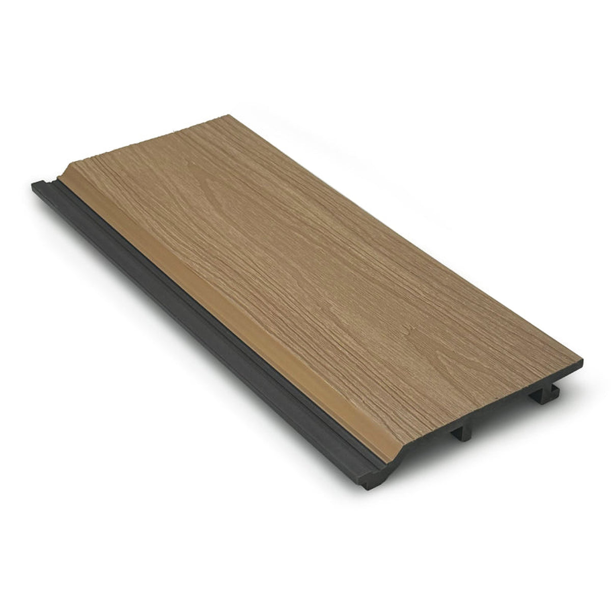 Teak Prestige capped woodgrain cladding board showing its interlocking edge