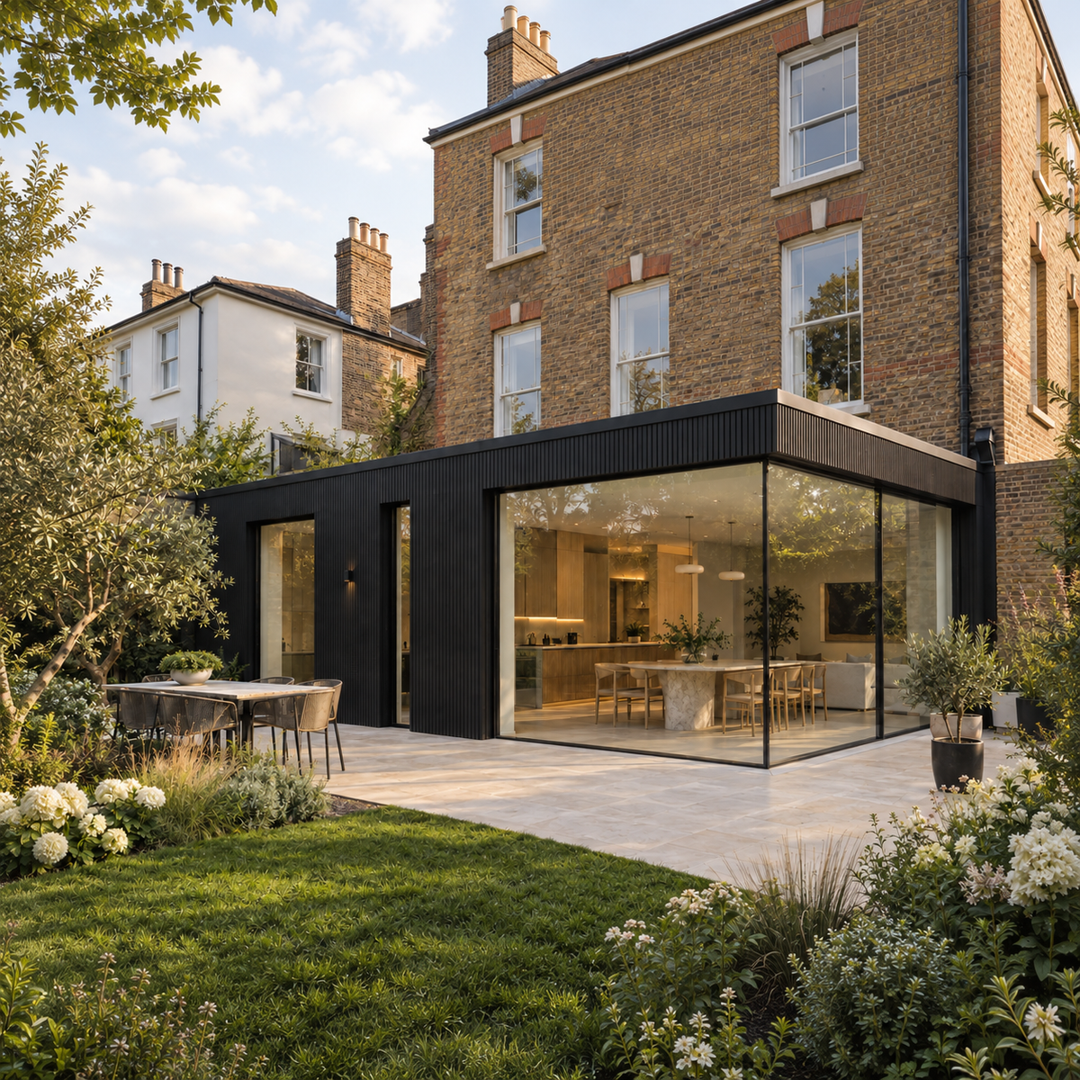 Charcoal Black Prestige slatted cladding — Victorian house extension architectural visualisation