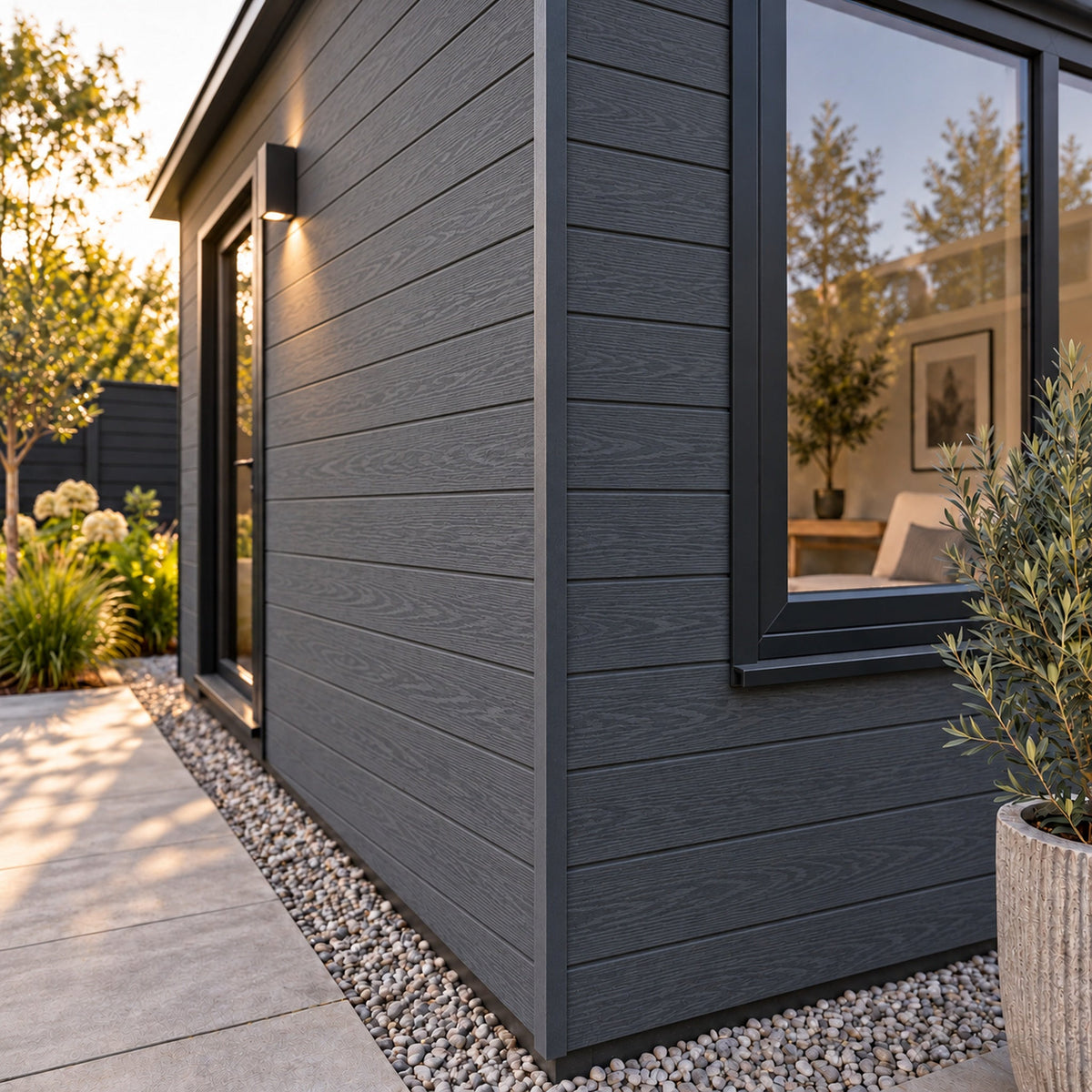 Anthracite Grey angle trim on a finished exterior — design visualisation