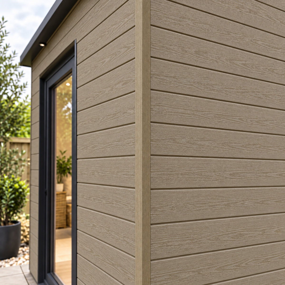 Oak angle trim on a garden building — design visualisation
