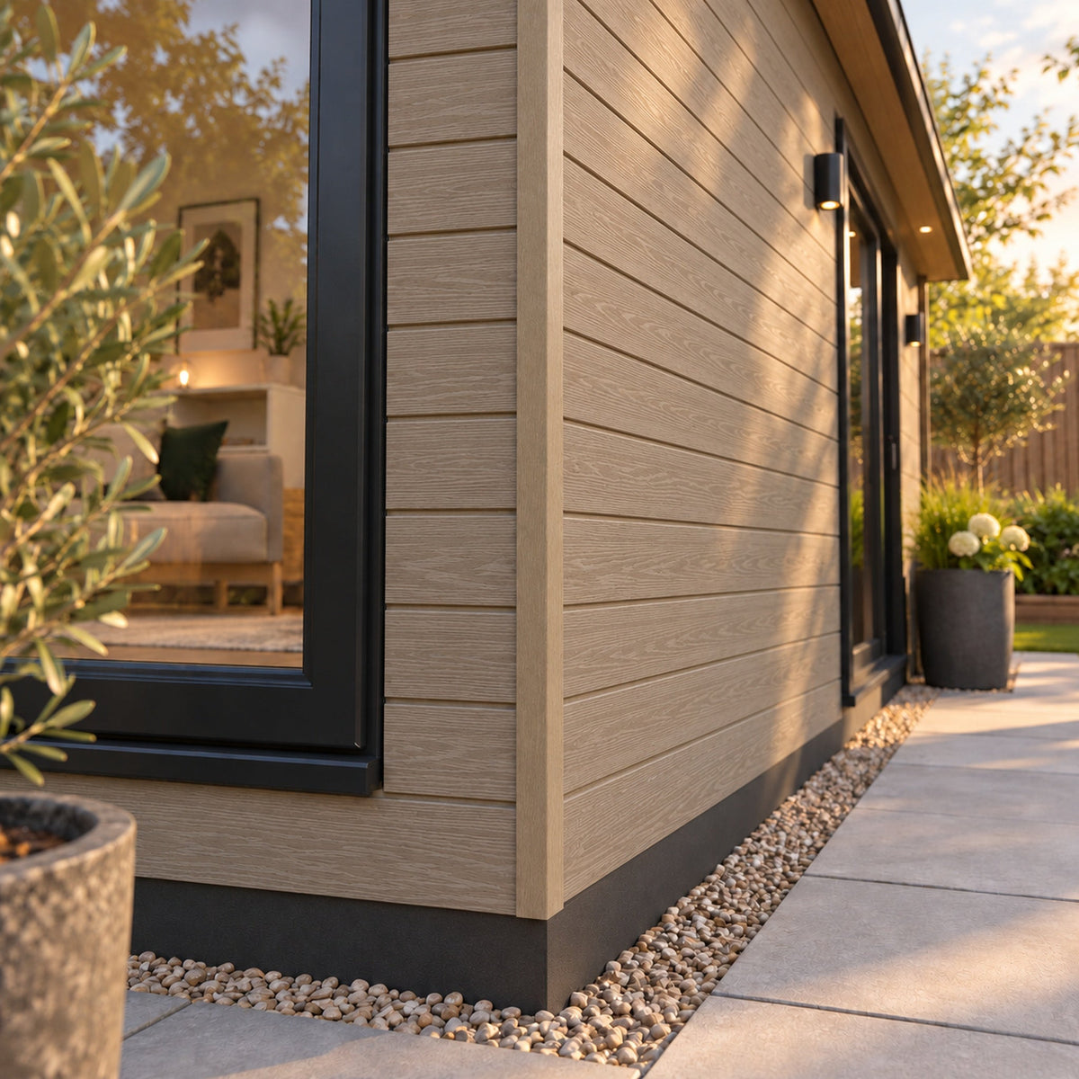 Oak angle trim on a finished exterior — design visualisation