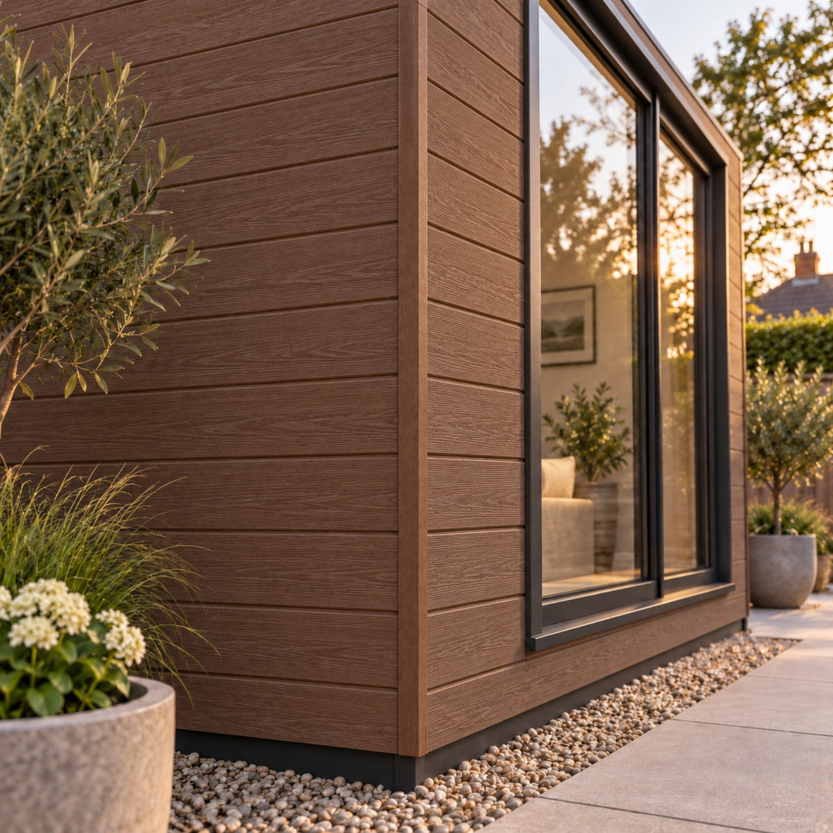 Rosewood angle trim on a finished exterior — design visualisation