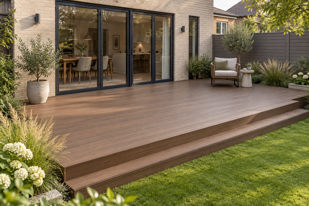 Illustrative walnut composite deck with a wide garden step