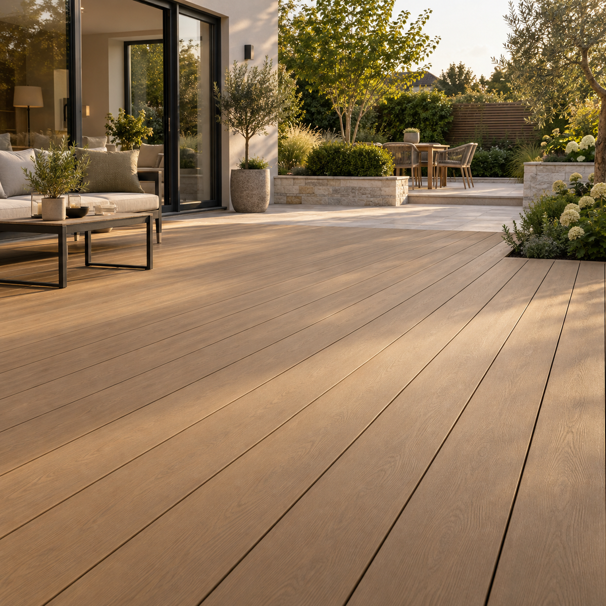 Composite decking in a landscaped garden