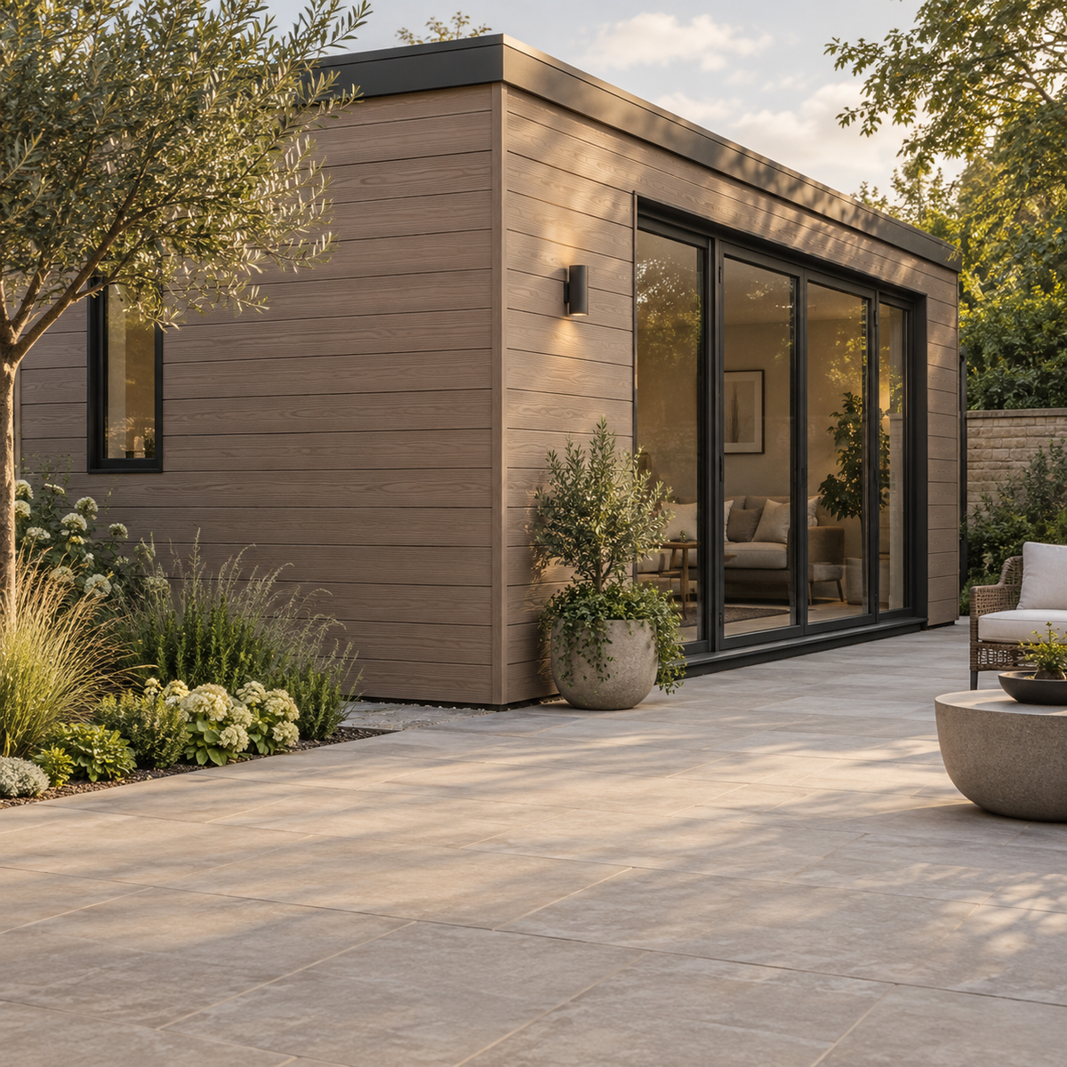 Woodgrain shiplap cladding on a garden room