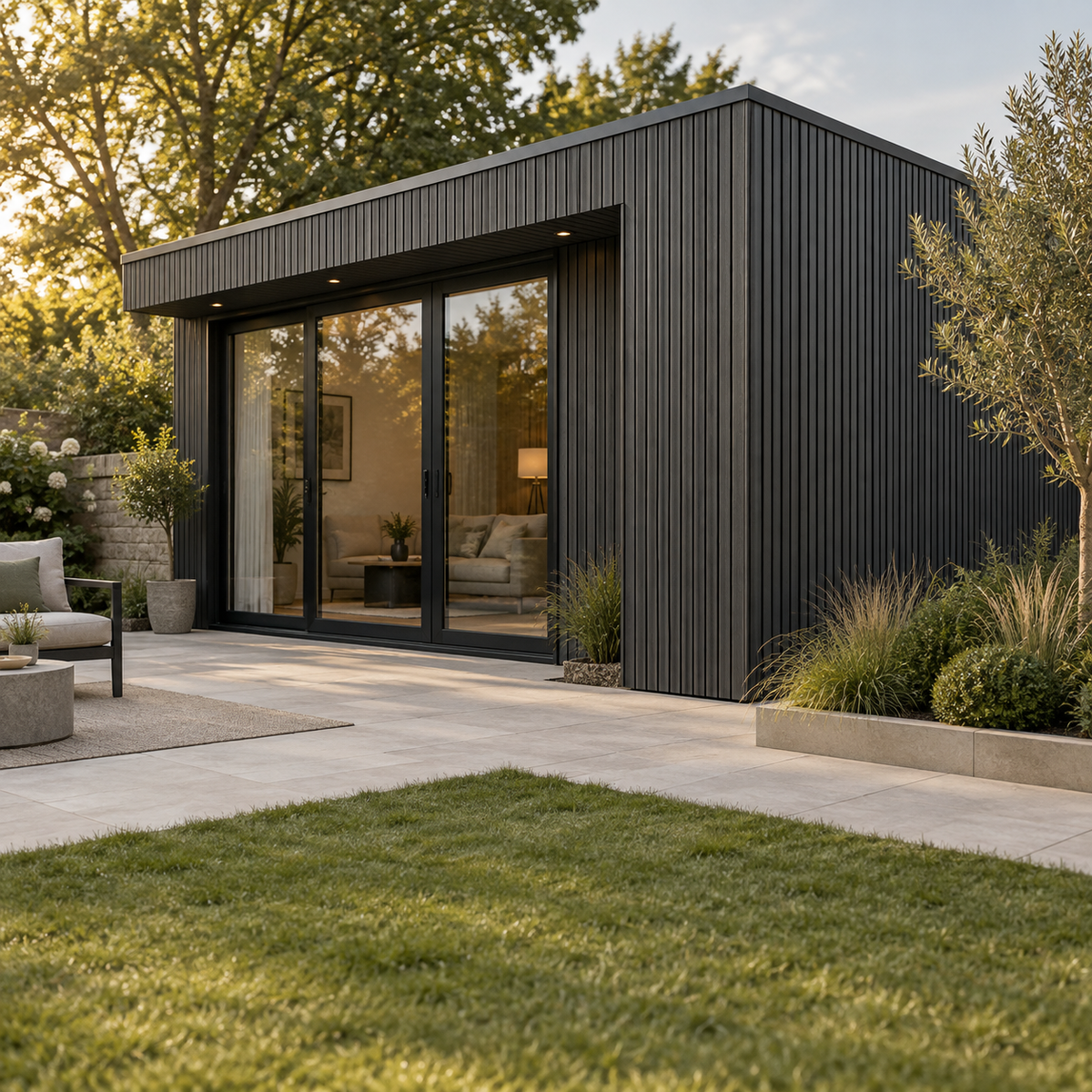 Slatted cladding on a contemporary garden room