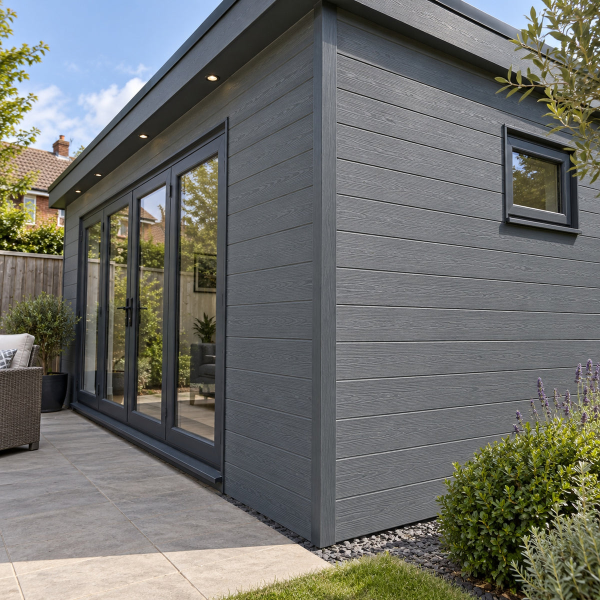 Anthracite Grey Prestige 50 x 50mm angle trim — installed architectural visualisation