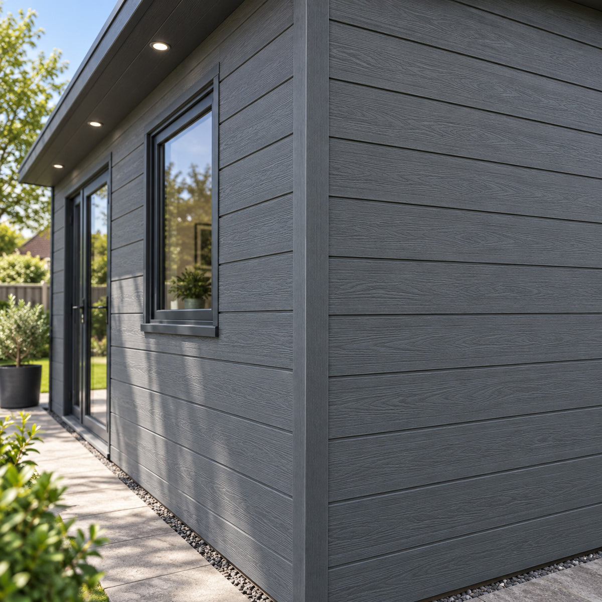 Anthracite Grey Prestige 50 x 50mm angle trim — installed architectural visualisation