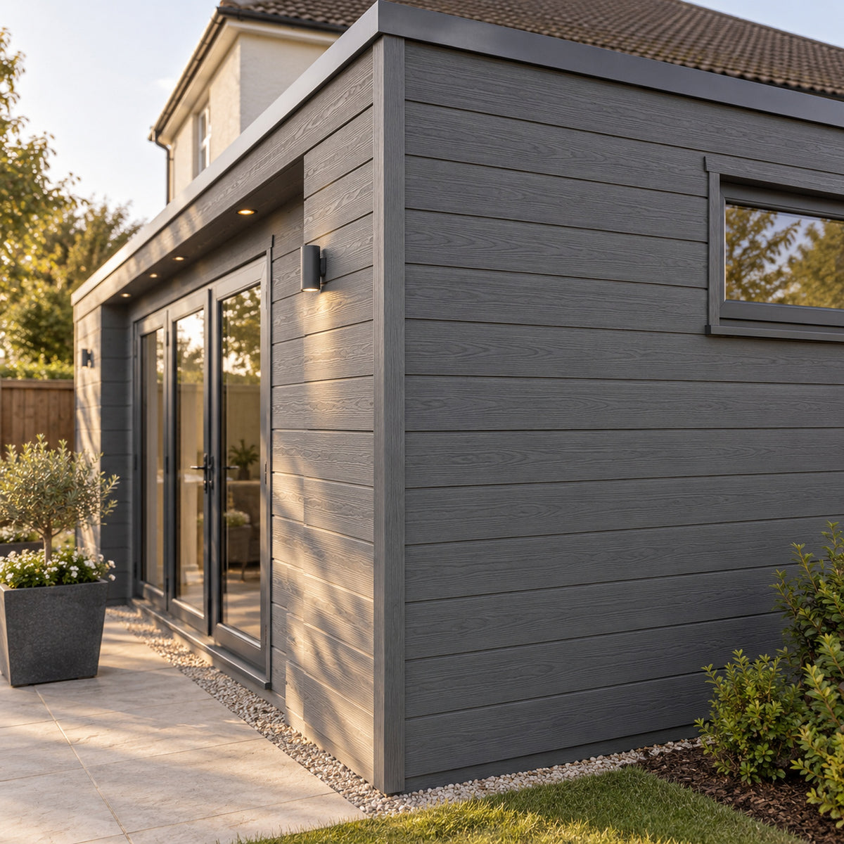 Graphite Grey Prestige 50 x 50mm angle trim — installed architectural visualisation