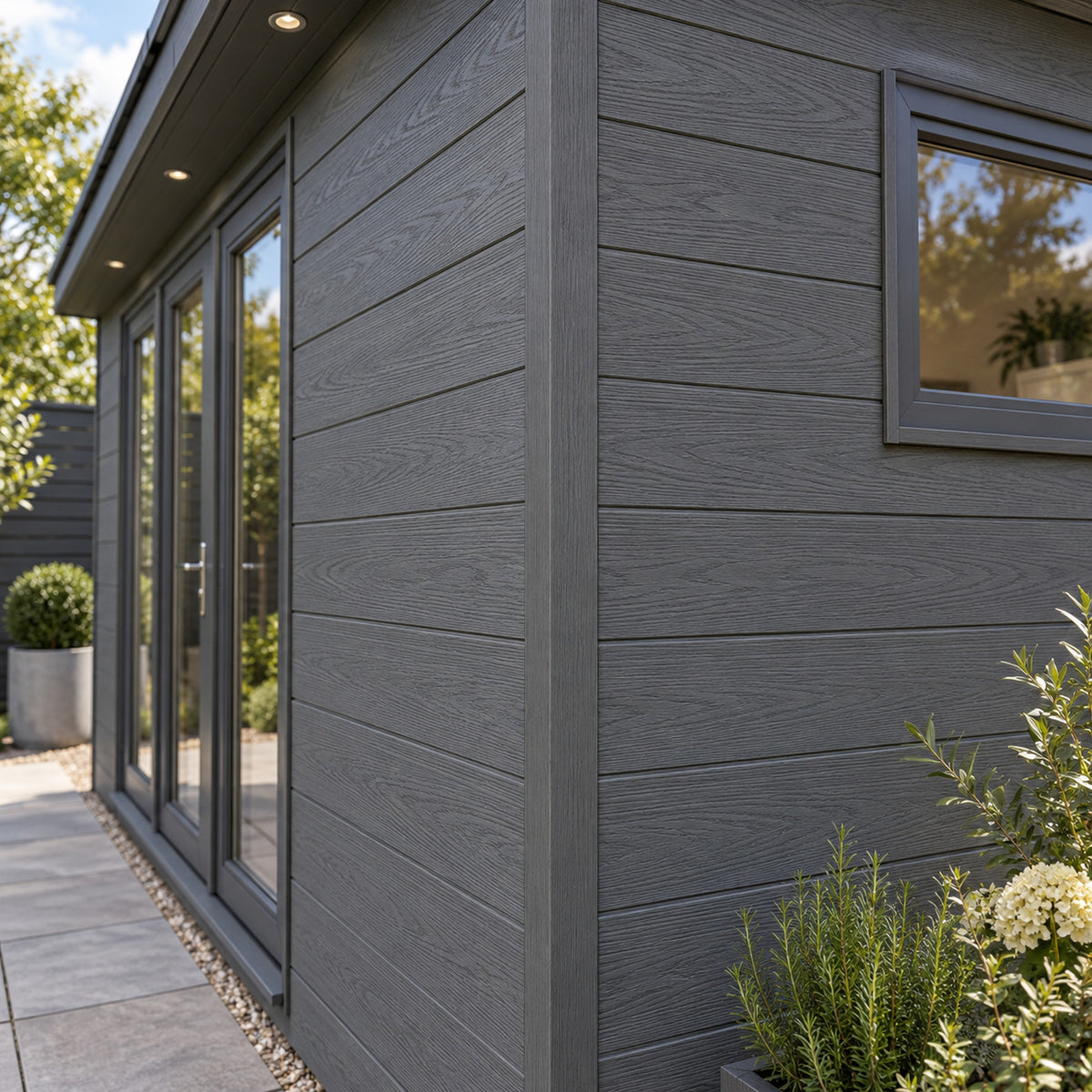 Graphite Grey Prestige 50 x 50mm angle trim — installed architectural visualisation