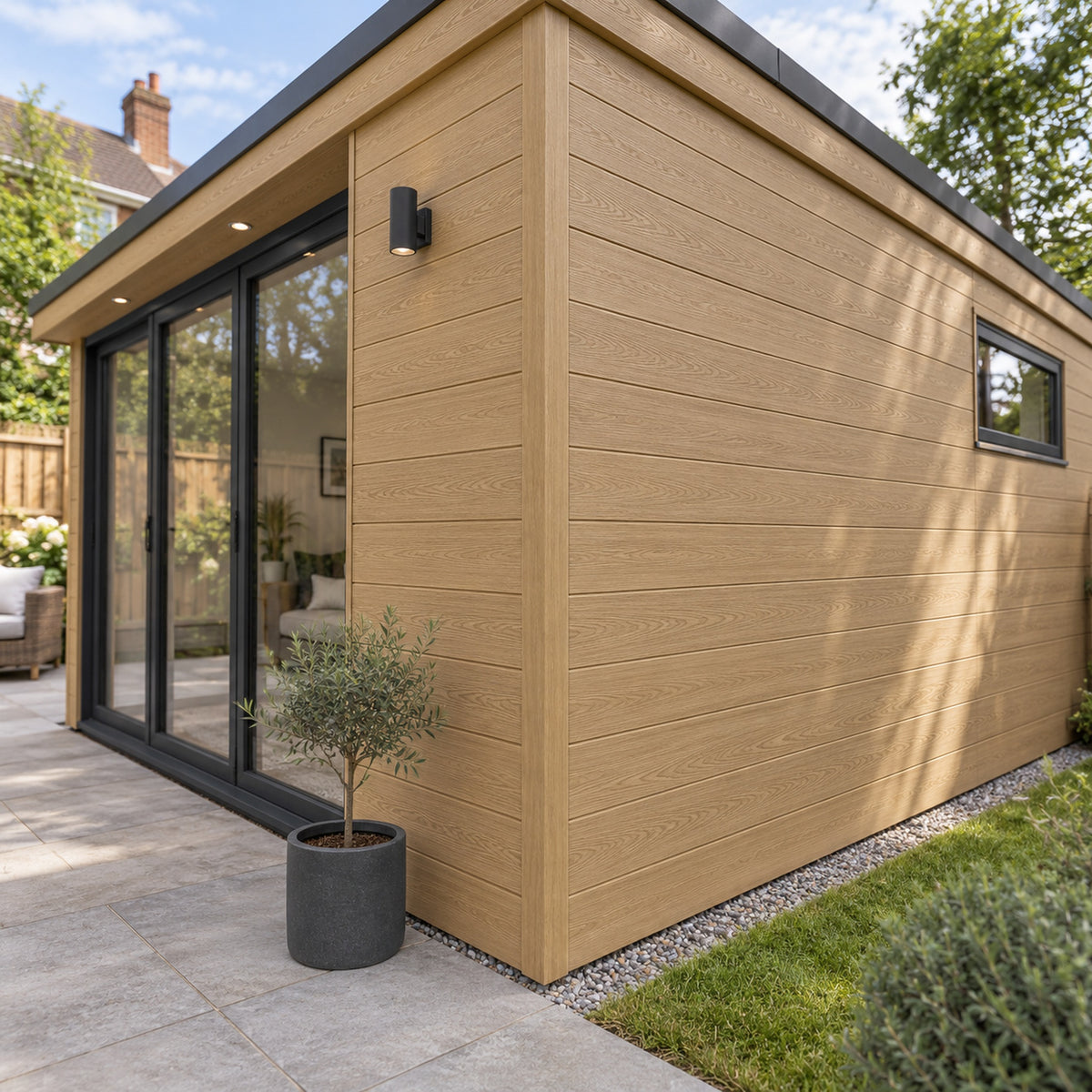 Natural Oak Prestige 50 x 50mm angle trim — installed architectural visualisation