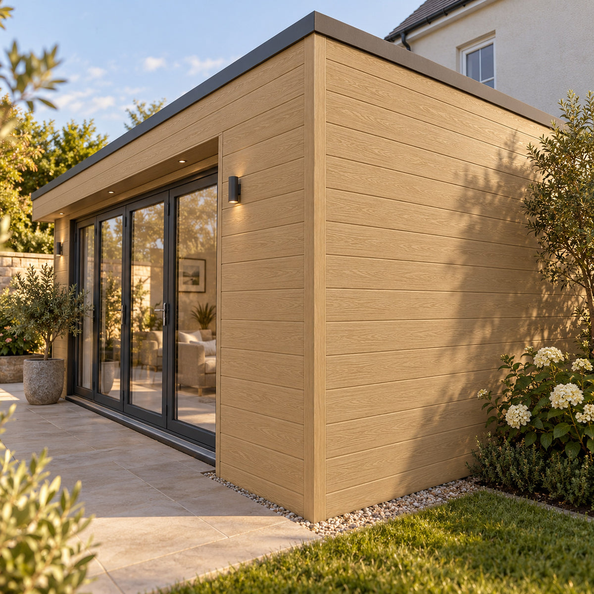 Natural Oak Prestige 50 x 50mm angle trim — installed architectural visualisation