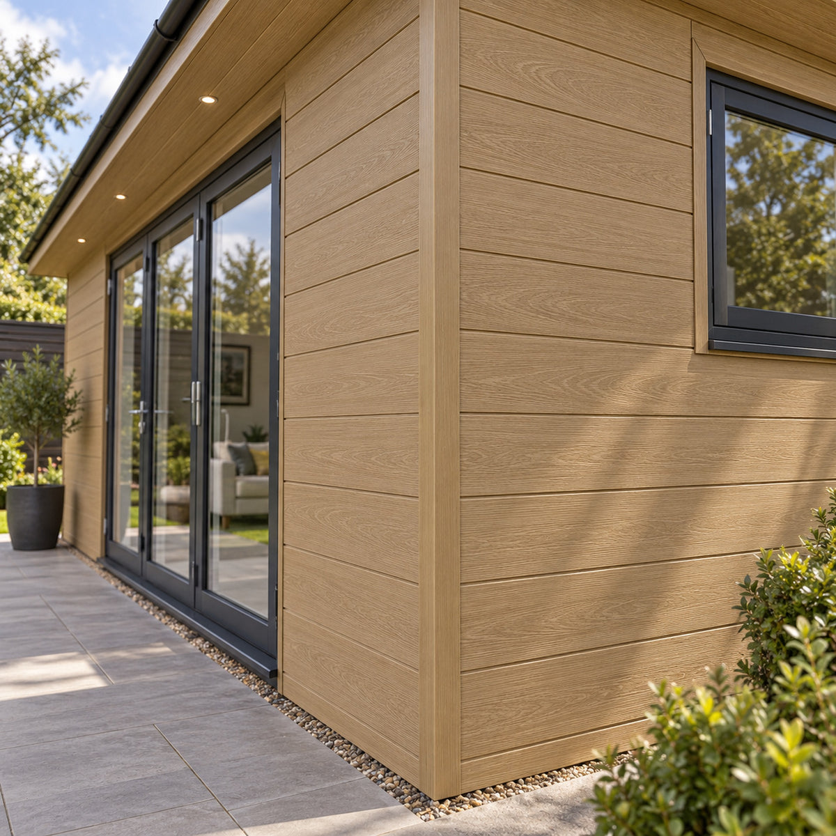 Natural Oak Prestige 50 x 50mm angle trim — installed architectural visualisation
