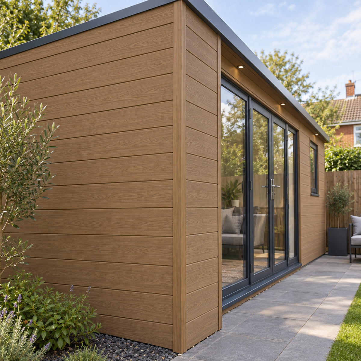 Teak Prestige 50 x 50mm angle trim — installed architectural visualisation