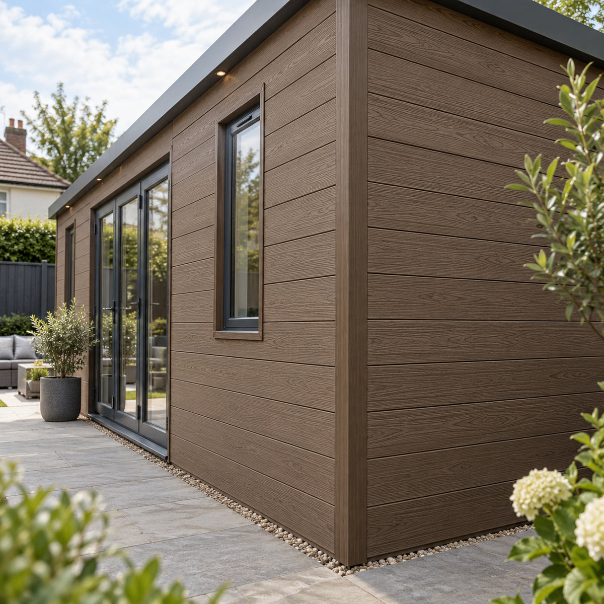 Walnut Prestige 50 x 50mm angle trim — installed architectural visualisation