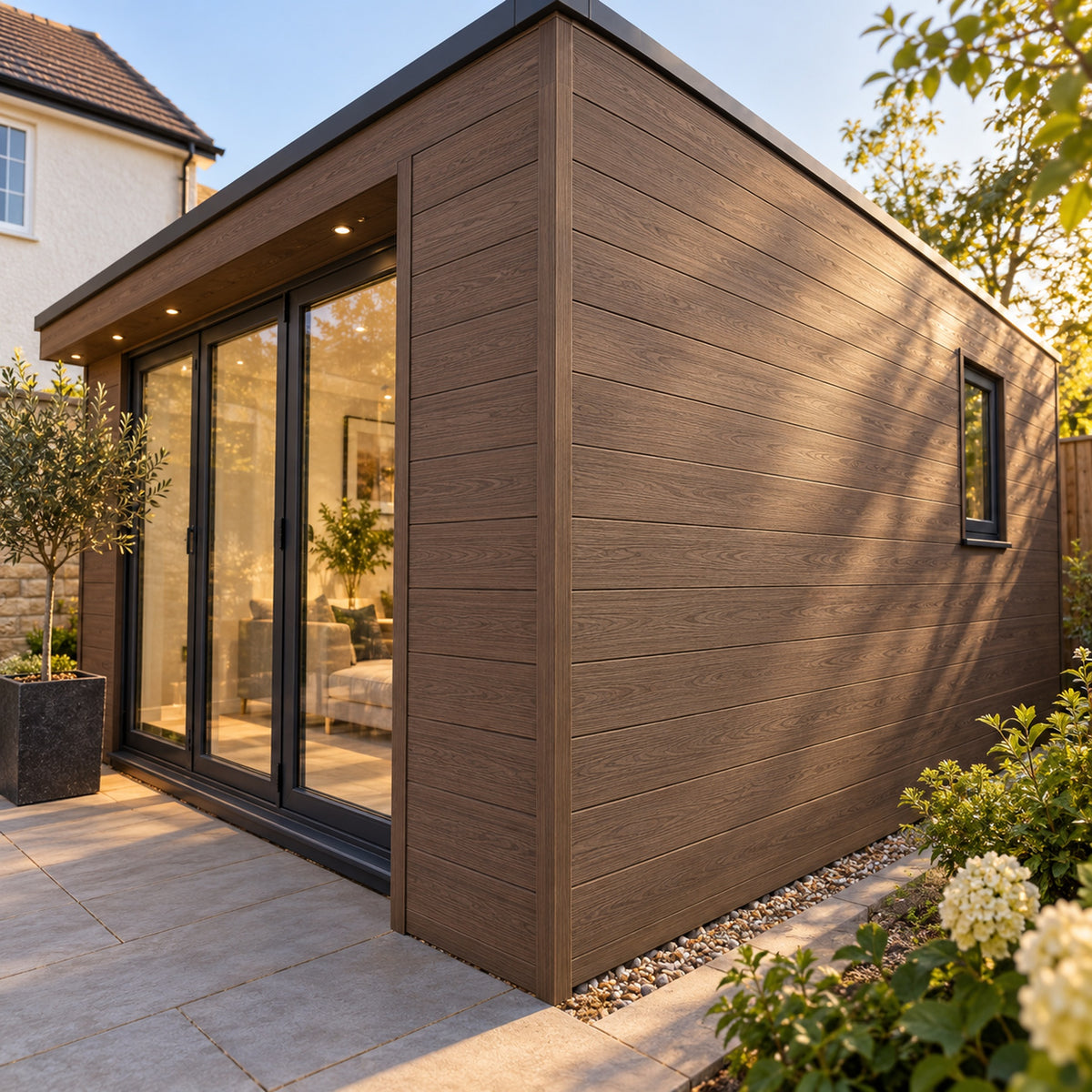 Walnut Prestige 50 x 50mm angle trim — installed architectural visualisation