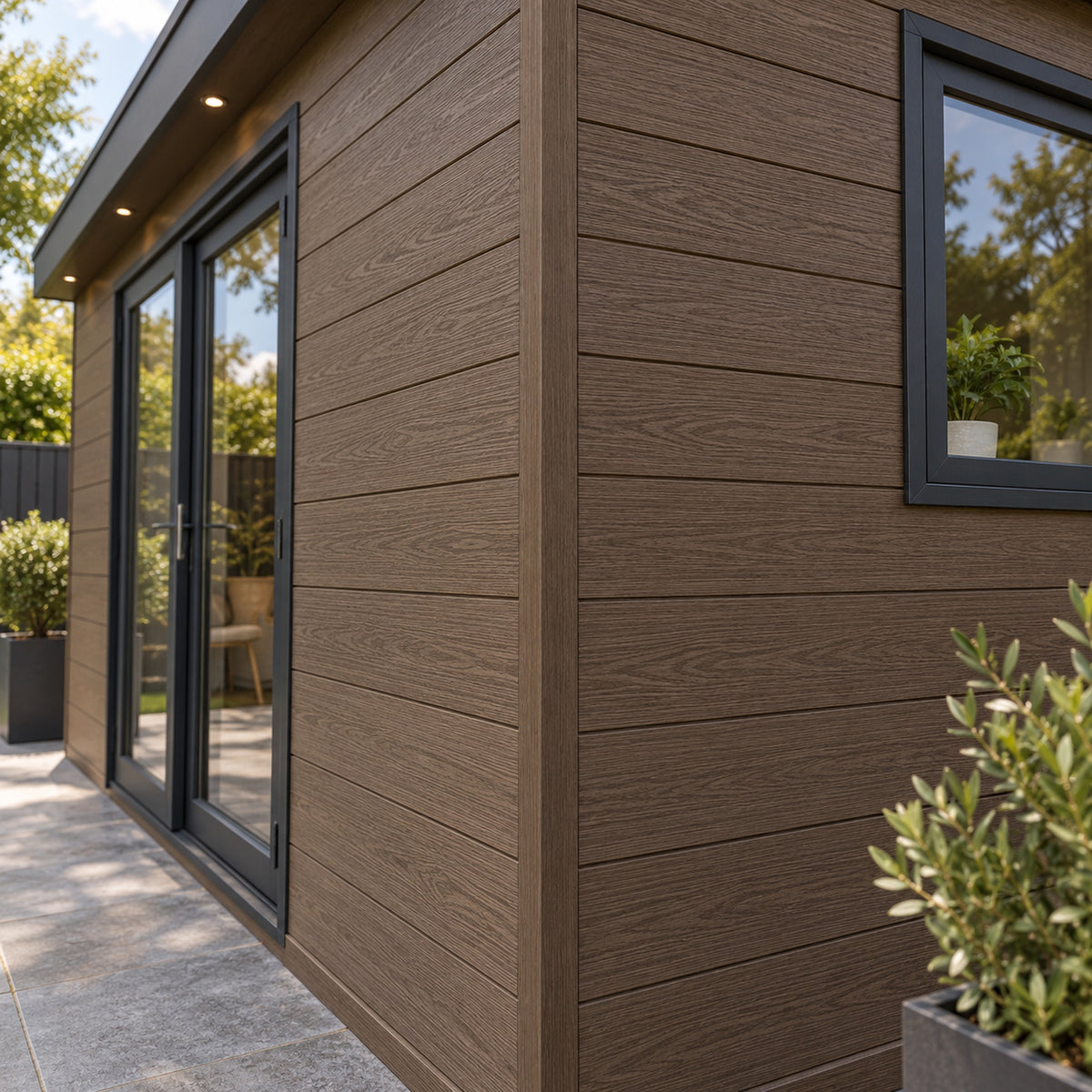 Walnut Prestige 50 x 50mm angle trim — installed architectural visualisation