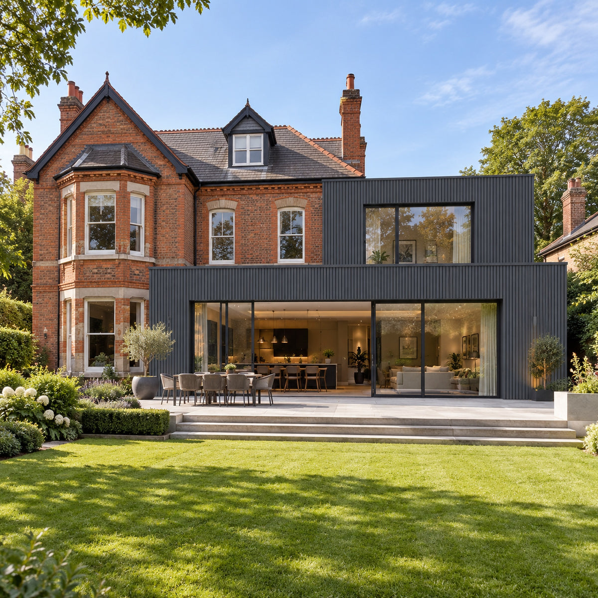Anthracite Grey Prestige slatted cladding — installed architectural visualisation