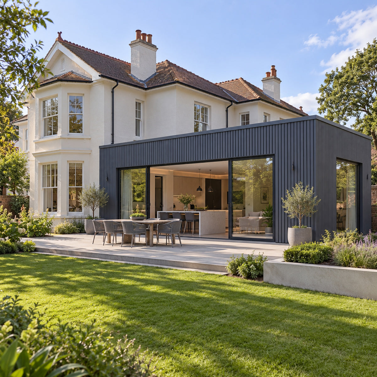Anthracite Grey Prestige slatted cladding — installed architectural visualisation