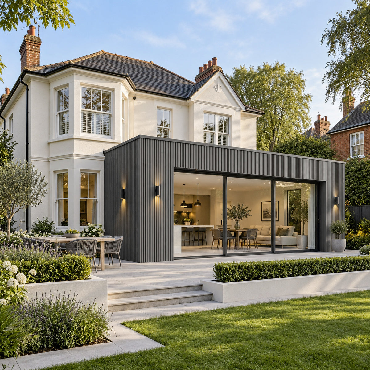Graphite Grey Prestige slatted cladding — installed architectural visualisation