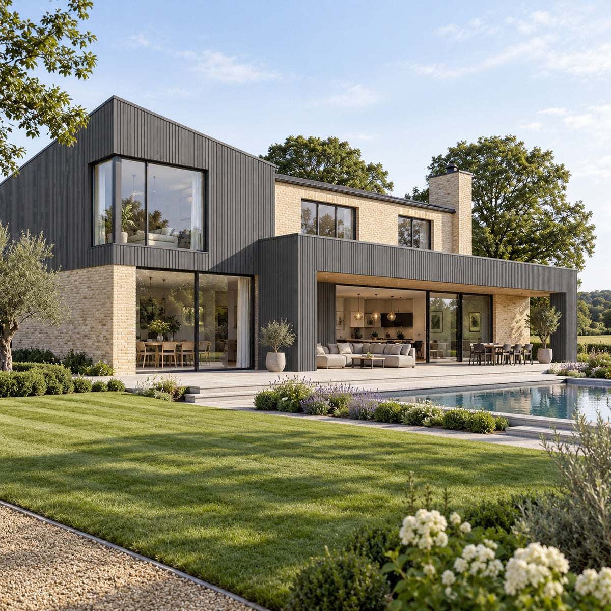 Graphite Grey Prestige slatted cladding — installed architectural visualisation
