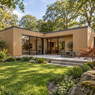Natural Oak Prestige slatted cladding — installed architectural visualisation