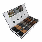 Prestige slatted cladding sample box showing seven colour finishes