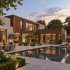 Teak Prestige slatted cladding — installed architectural visualisation