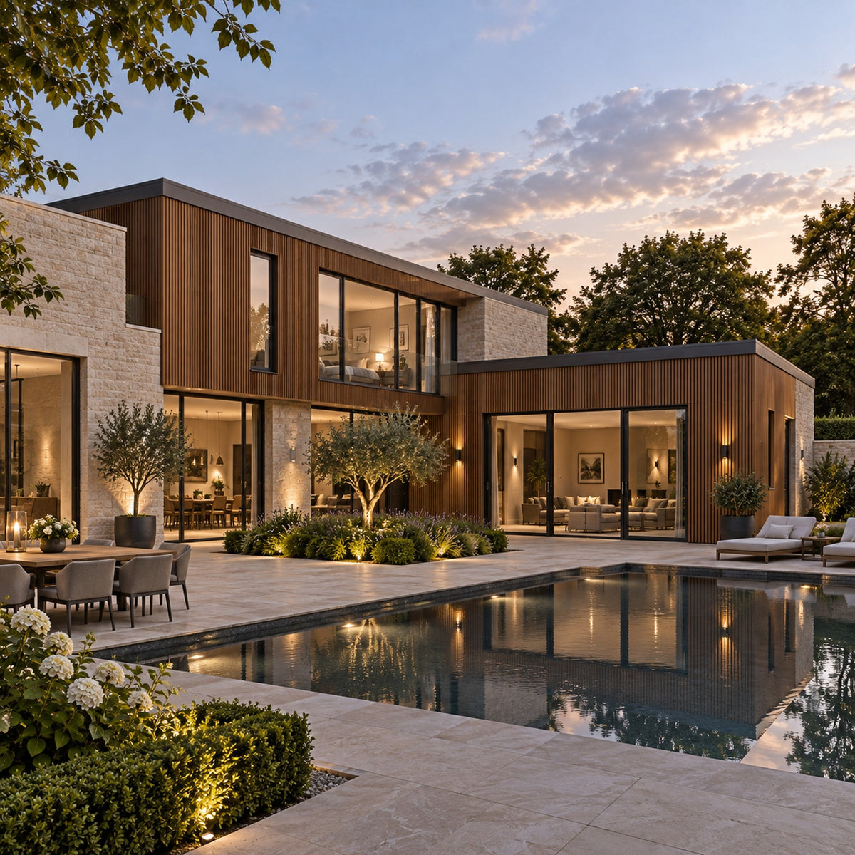 Teak Prestige slatted cladding — installed architectural visualisation