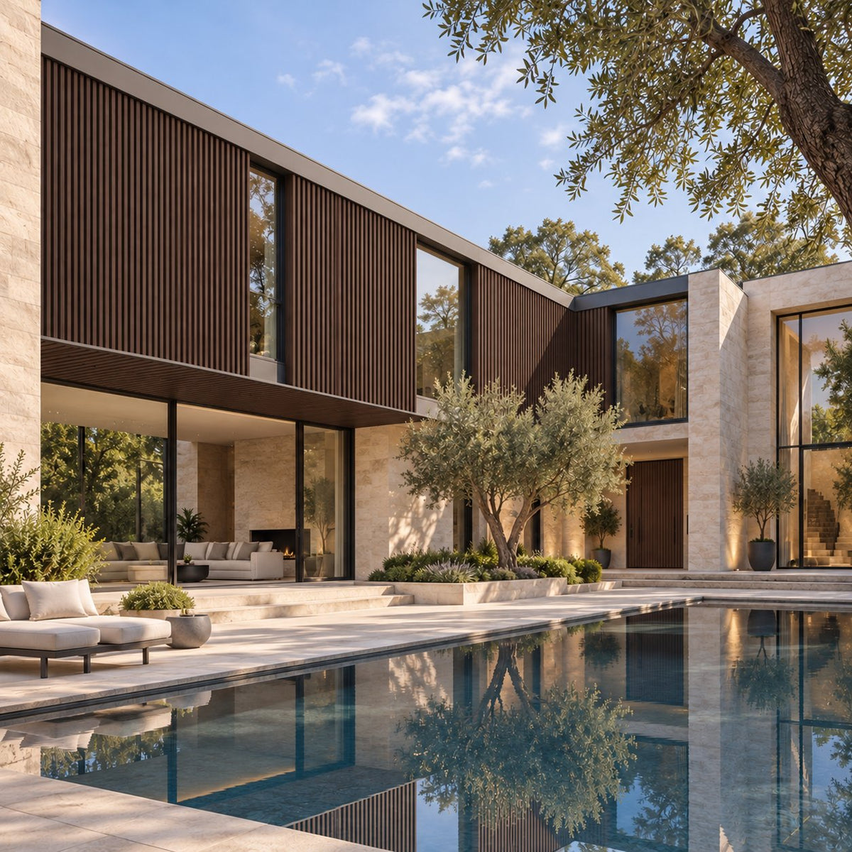 Walnut Prestige slatted cladding — installed architectural visualisation