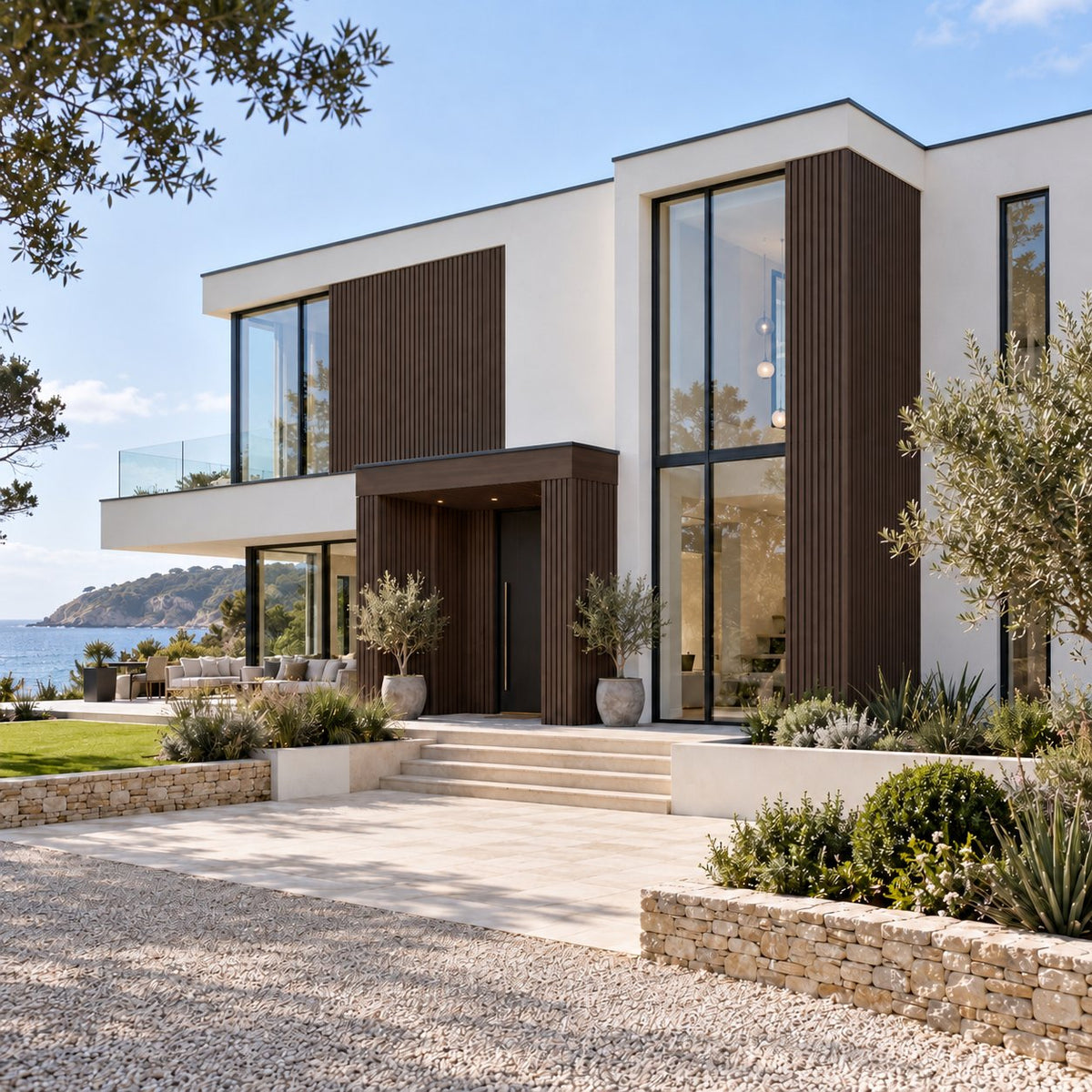 Walnut Prestige slatted cladding — installed architectural visualisation