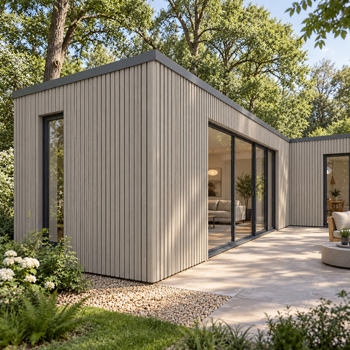 Driftwood Prestige slatted EXTERNAL corner Female to Female — installed architectural visualisation